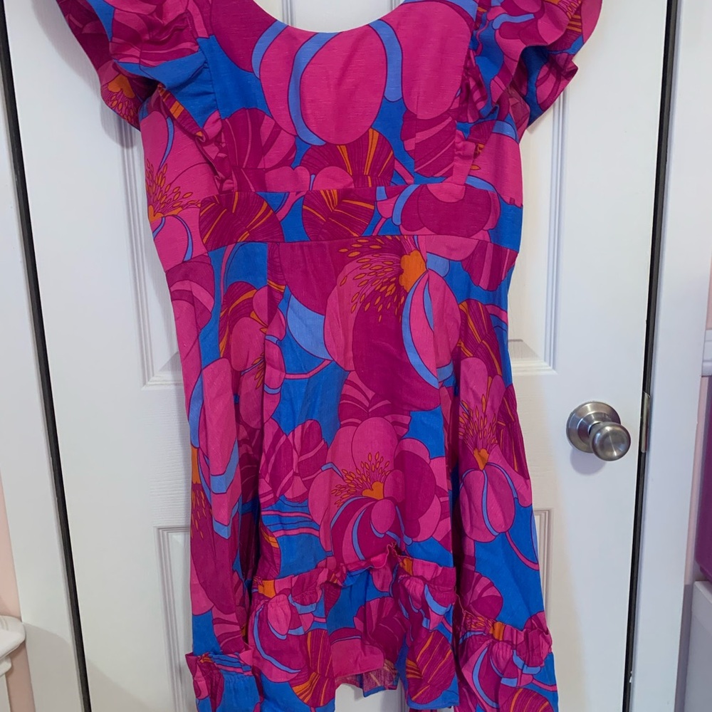 Tuckernuck Vibrant Pink and Blue Ruffle Mini Dress - Cameron Eubanks -  Medium - Picture 4 of 6
